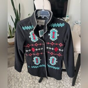 NWT OUTBACK TRADING COMPANY Santa Fe Fleece Aztec Tribal Embroidered, Black, M